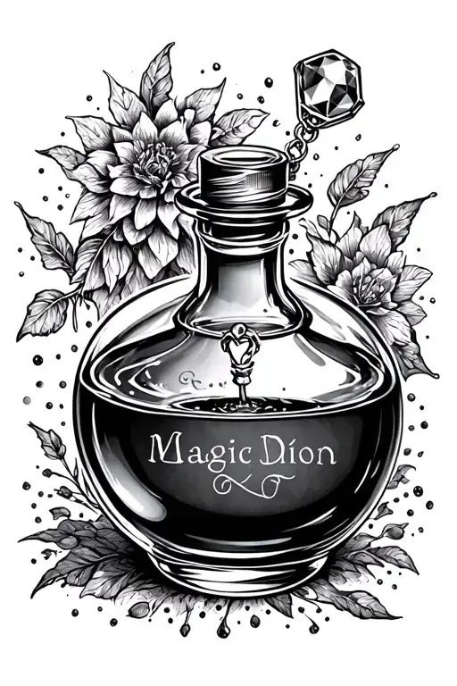 Magic Potion with safeguard safeguard written.  tear drop bottle, diamond stopper. anchor charm. Lillie's around tattoo design idea