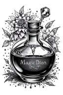 Magic Potion with safeguard safeguard written.  tear drop bottle, diamond stopper. anchor charm. Lillie's around tattoo design idea