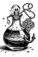 Magic Potion with safeguard safeguard written.  tear drop bottle, diamond stopper. anchor charm. Lillie's around tattoo design idea