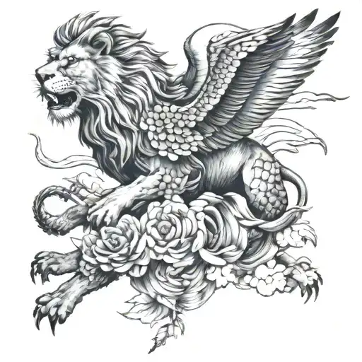 Japanese style, lion, and crane flying tattoo design idea