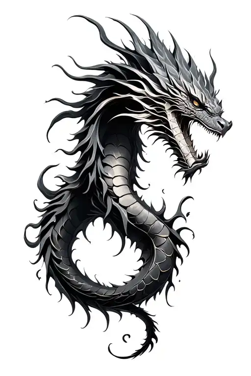 A Bakunawa dragon made of twisting water tendrils, its spine lined with metallic firefly-like ornaments from tboli brass tattoo design idea