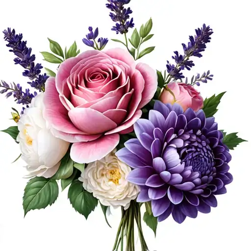 white peonies, pink roses, and purple dahlia flower boquet with lavendar tattoo design idea