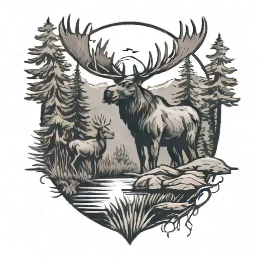 cross with forest landscape with a moose and ducks flying over   tattoo design idea