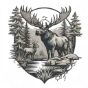cross with forest landscape with a moose and ducks flying over   tattoo design idea