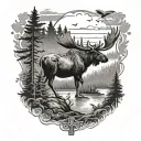 cross with forest landscape with a moose and ducks flying over   tattoo design idea