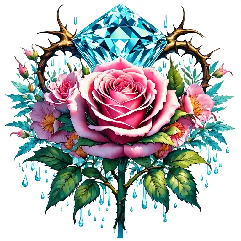 aquamarine diamond with thorny long-stemmed rose and rain, surrounded by floral feminine female reproductive organs tattoo design idea