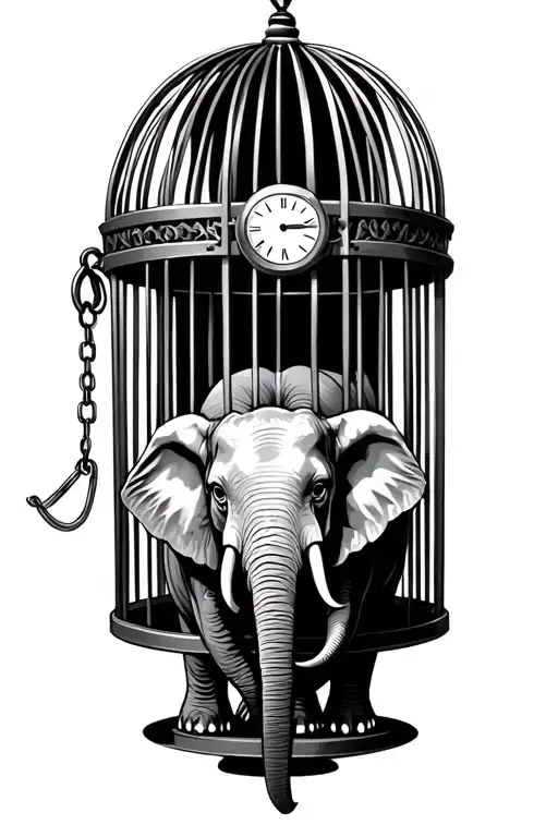 elephant in a cage with a clock chained to it  tattoo design idea