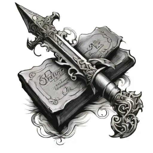 A Bible opened up with a sword placed on it and the name Benjmain written on the blade tattoo design idea