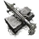 A Bible opened up with a sword placed on it and the name Benjmain written on the blade tattoo design idea