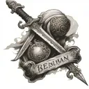 A Bible opened up with a sword placed on it and the name Benjmain written on the blade tattoo design idea