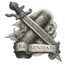 A Bible opened up with a sword placed on it and the name Benjmain written on the blade tattoo design idea
