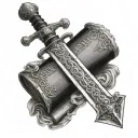 A Bible opened up with a sword placed on it and the name Benjmain written on the blade tattoo design idea