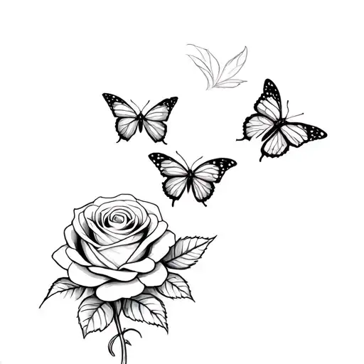 rose and 3 butterflies flying away tattoo design idea