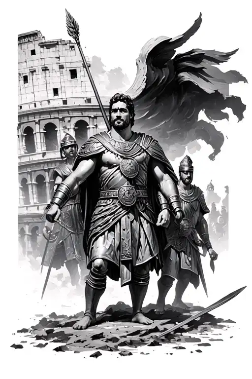 römischer kaiser colosseum surrounded by gladiators tattoo design idea