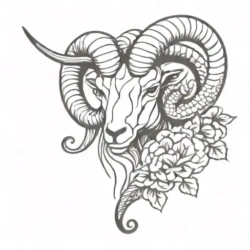 Ram head with a snake and flowers intertwined tattoo design idea