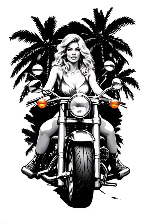 Harley Davison pin up bombshell blonde and motorcycle with palm trees tattoo design idea