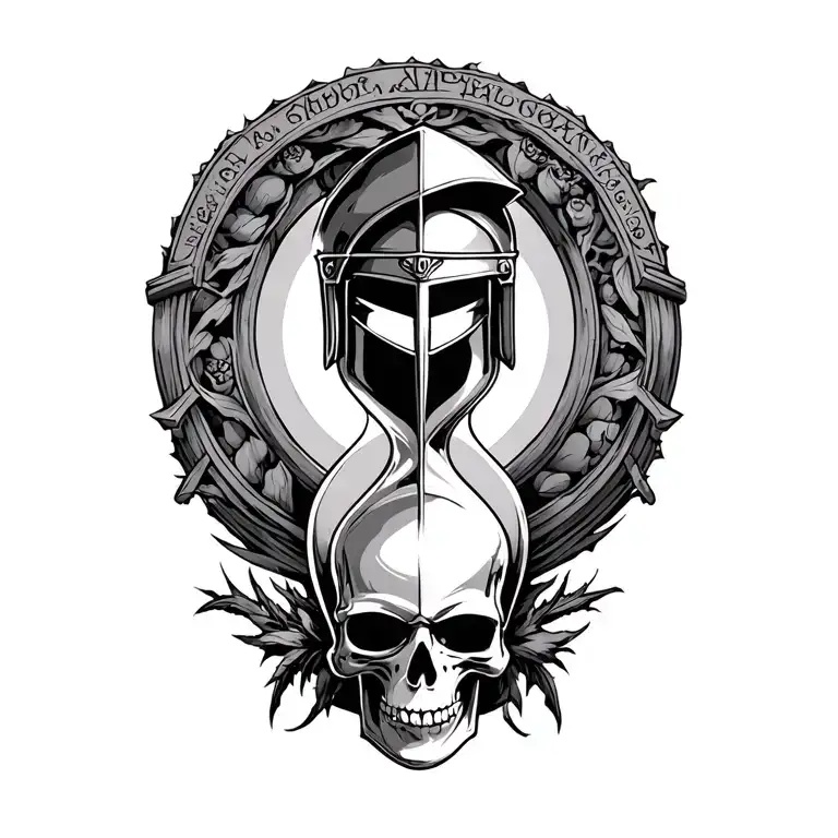 large hourglass with spartan helmet in the top and a skull in the bottom,  tattoo design idea