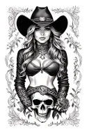 western tooled leather sleeve with cowgirl and skulls tattoo design idea