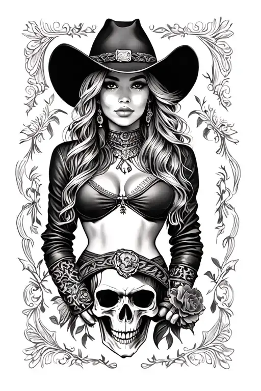 western tooled leather sleeve with cowgirl and skulls tattoo design idea