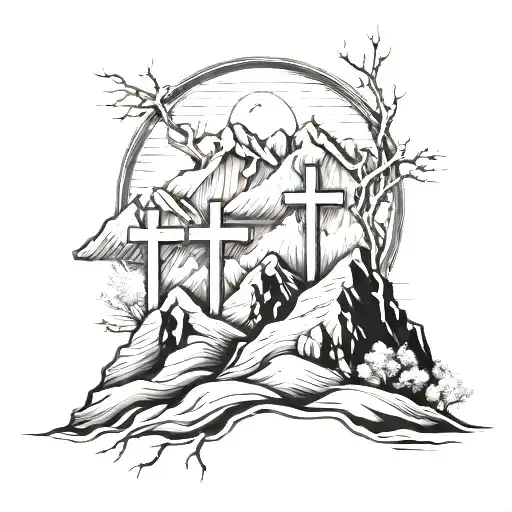 Mountains and 3 crosses tattoo design idea