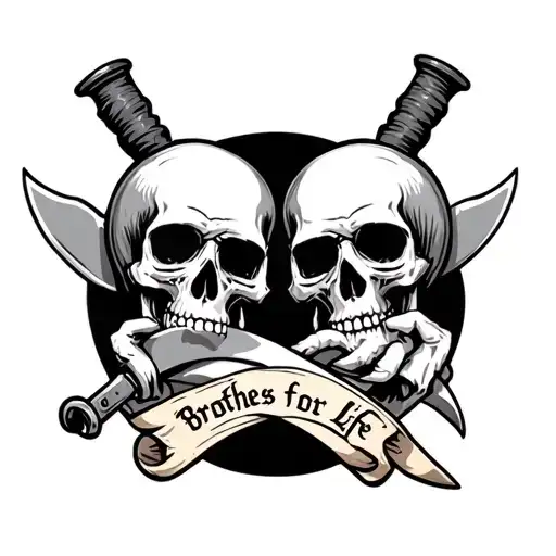 2 skulls with knife and scroll around saying brothers for life  tattoo design idea