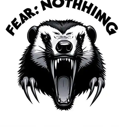 honey badger face and claws mouth open and letter above it that say, "fear nothing" tattoo design idea