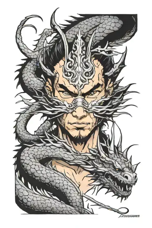 detailed black ink design of a Samari looking into the eyes of a dragon before battle tattoo design idea