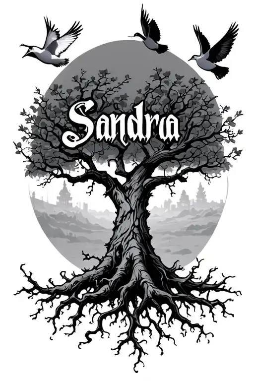 poison tree with roots and branches with doves flying and the name Sandra in cursive tattoo design idea