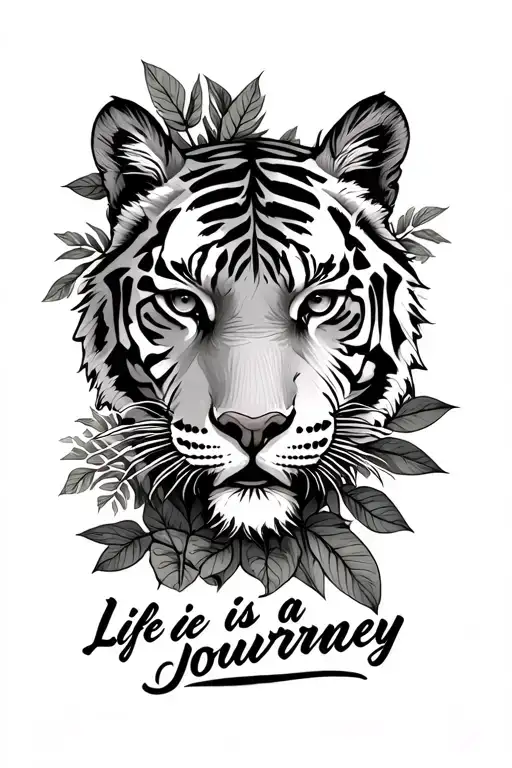 half a tigers face peeking through the foliage with the words life is a journey  tattoo design idea
