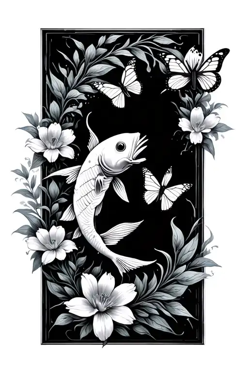 flowers and coy fish swimming and butterflies flying tattoo design idea