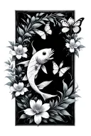 flowers and coy fish swimming and butterflies flying tattoo design idea