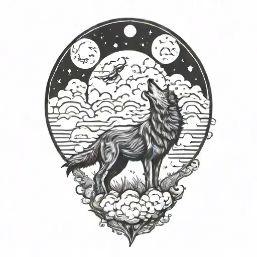 wolf moon clouds tattoo design idea