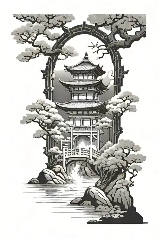 japanese kaizen ji temple gate with river with moon reflecting tattoo design idea