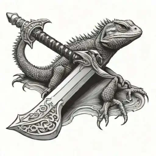 dark gothic realistic sword with bearded dragon on its pommel tattoo design idea