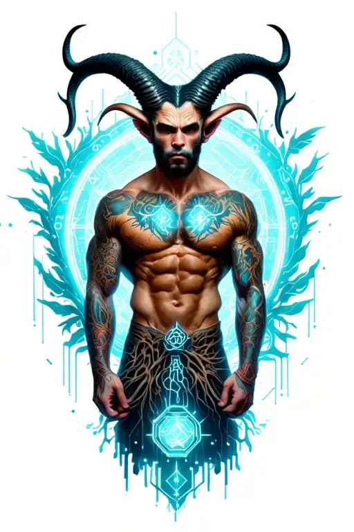 Gay male horned satyr, massive bodybuilder. Around him are wild animals, tree roots and branches, and magic symbols. tattoo design idea