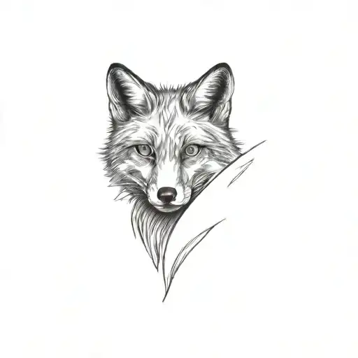 fox head with blue eyes looking straight on with shading of trees and bushes tattoo design idea
