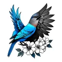 Ukrainian tryzub with flowers and blue bird tattoo design idea