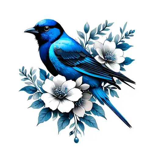 Ukrainian tryzub with flowers and blue bird tattoo design idea