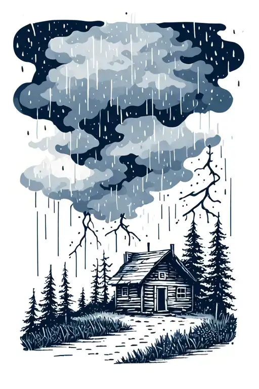 hygge drawing simple ladscape with thunderstorm and heavy rain with trees and woodcabin tattoo design idea