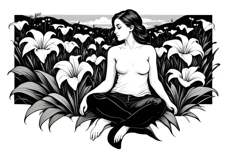 a woman sitting in a field of peace lily flower tattoo design idea