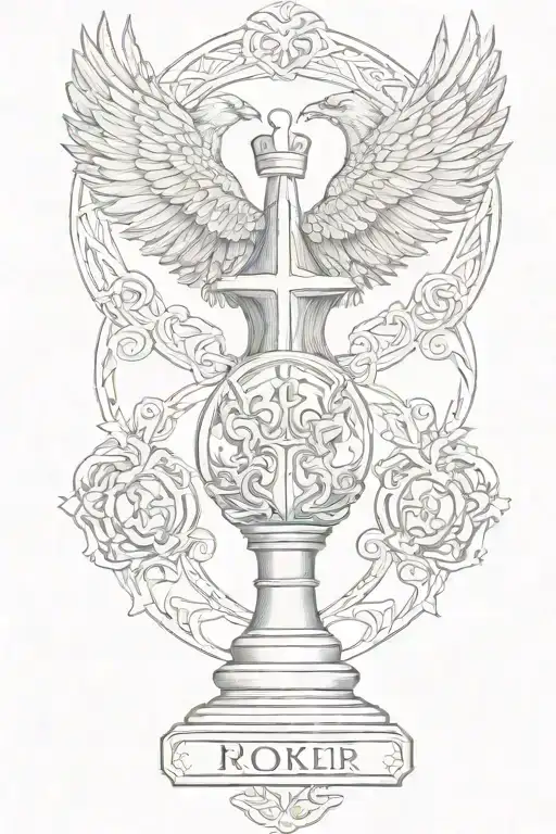 Rooker Family Crest with chess rook piece with  6 Crows on a celtic cross tattoo design idea