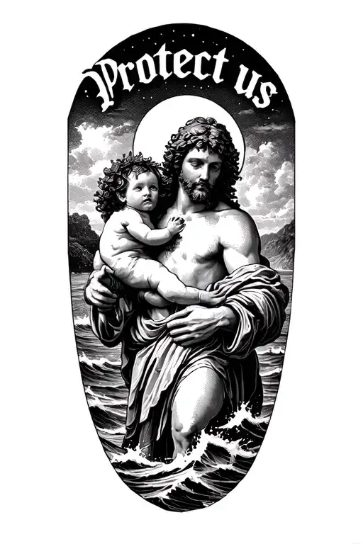 "Protect us" saint Christopher carrying the Christ child across rough water tattoo design idea