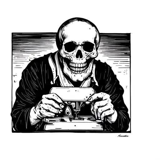 Illustration in old school or traditional style, about a half-skull person sewing clothes tattoo design idea