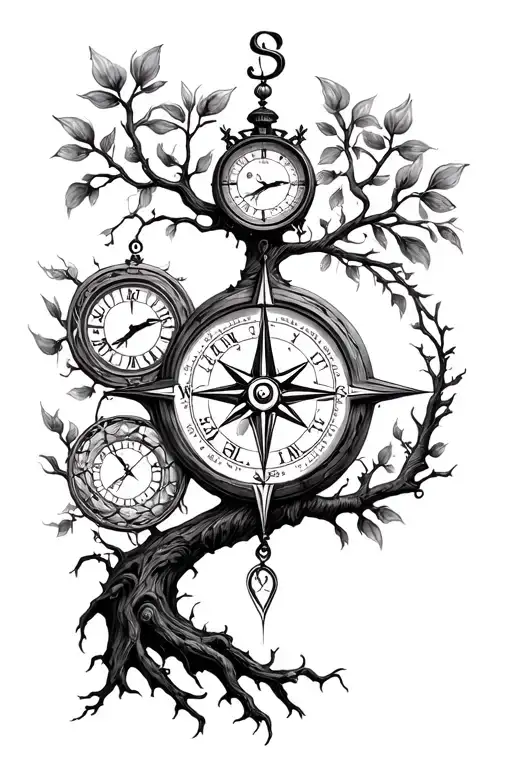 Tree of life compass and clock and familia; tattoo design idea
