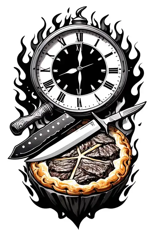 Clock and knife and meat pie with flames tattoo design idea