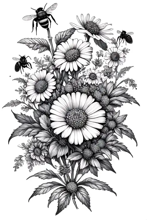 Vegtibles, wildflowers, honey bees tattoo design idea