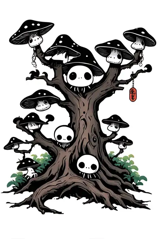 4 kodama; 2 under a tree, 1 on a branch, and 1 kodama climbing above the 1st. all wearing dif mushroom hats. tattoo design idea