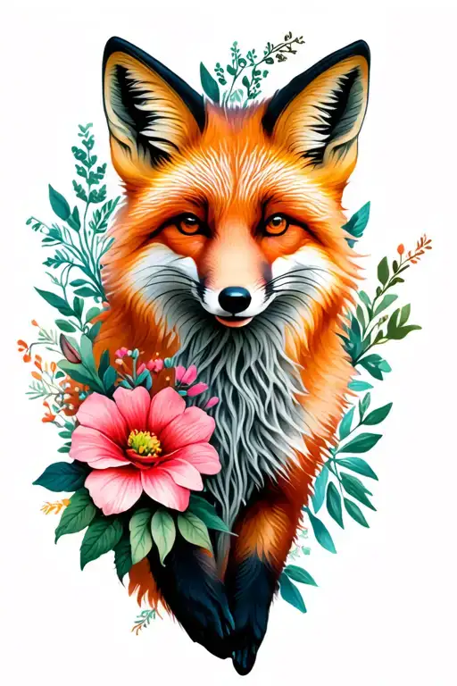 fox with flowers tattoo design idea