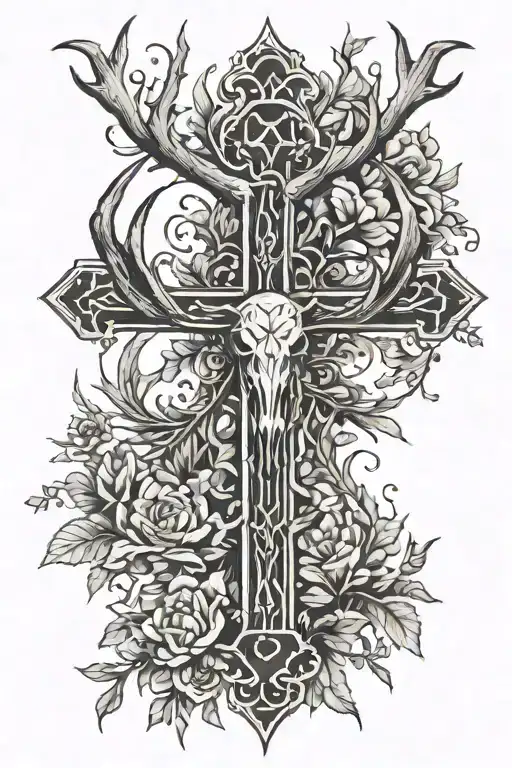 cross, antlers ,June 29 2022 death date tattoo design idea