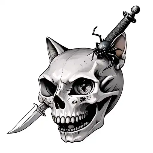 Cat skull with kunai knife and spider in eye socket tattoo design idea